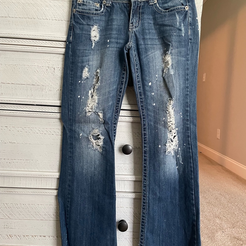 Premier Blue Straight Leg Jeans with Distressed Details